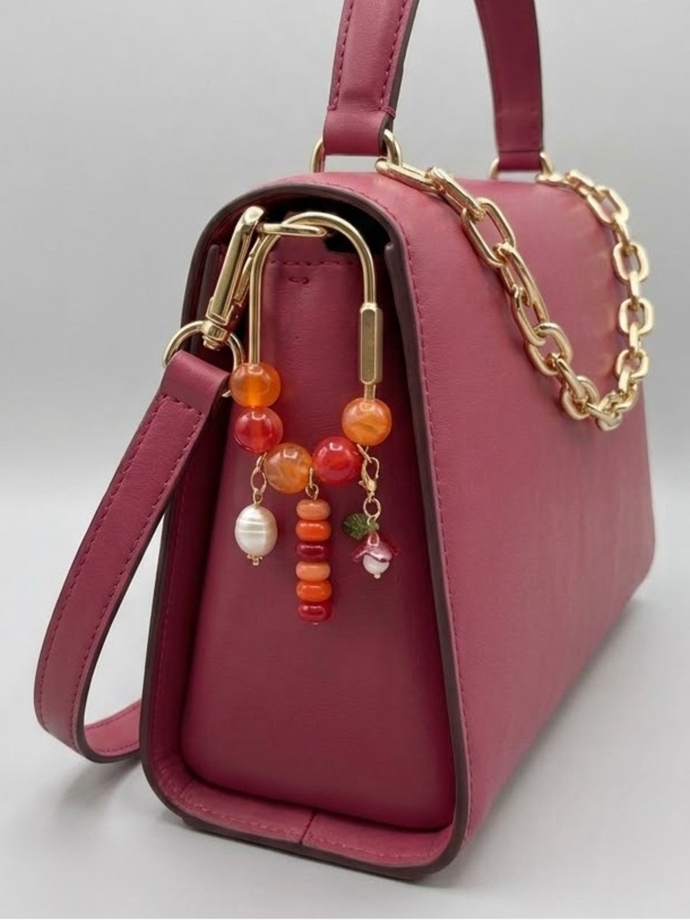 Red/Orange Beaded Gold Tone Carabiner Bag Charm Keychain with Faux Pearl